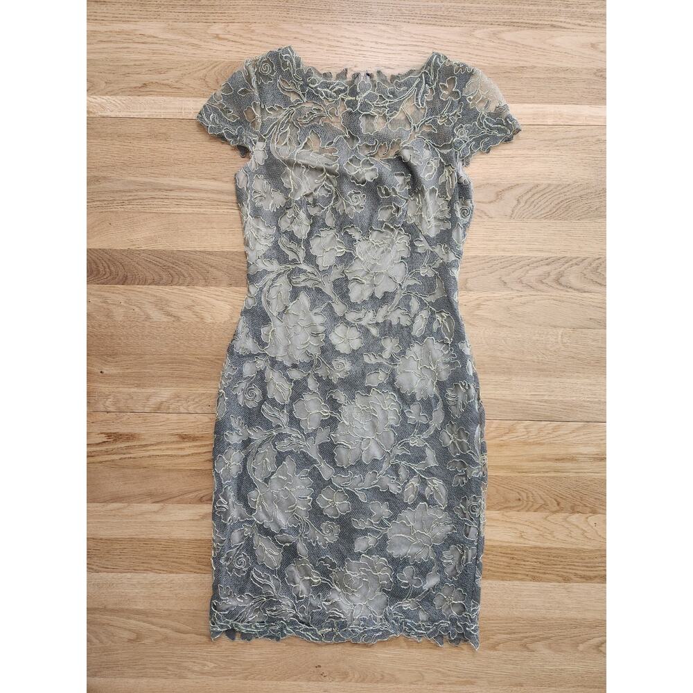 Tadashi Shoji Lace Knee Dress Mother Bride Groom Modest Taupe Gold Floral Mesh 8